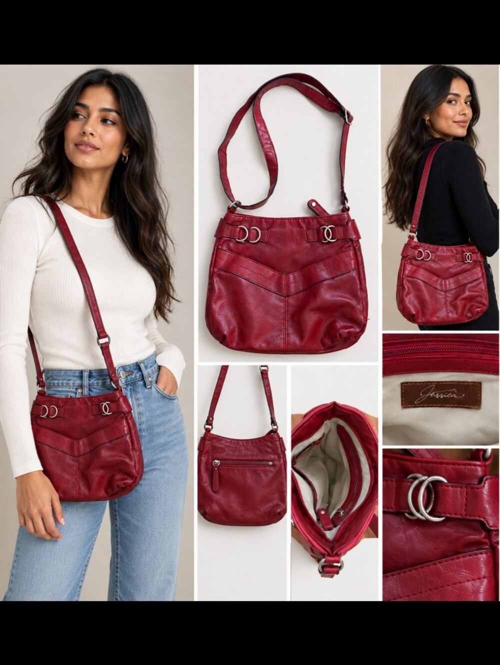Vintage Jessica Sears Red Faux Leather Crossbody Bag